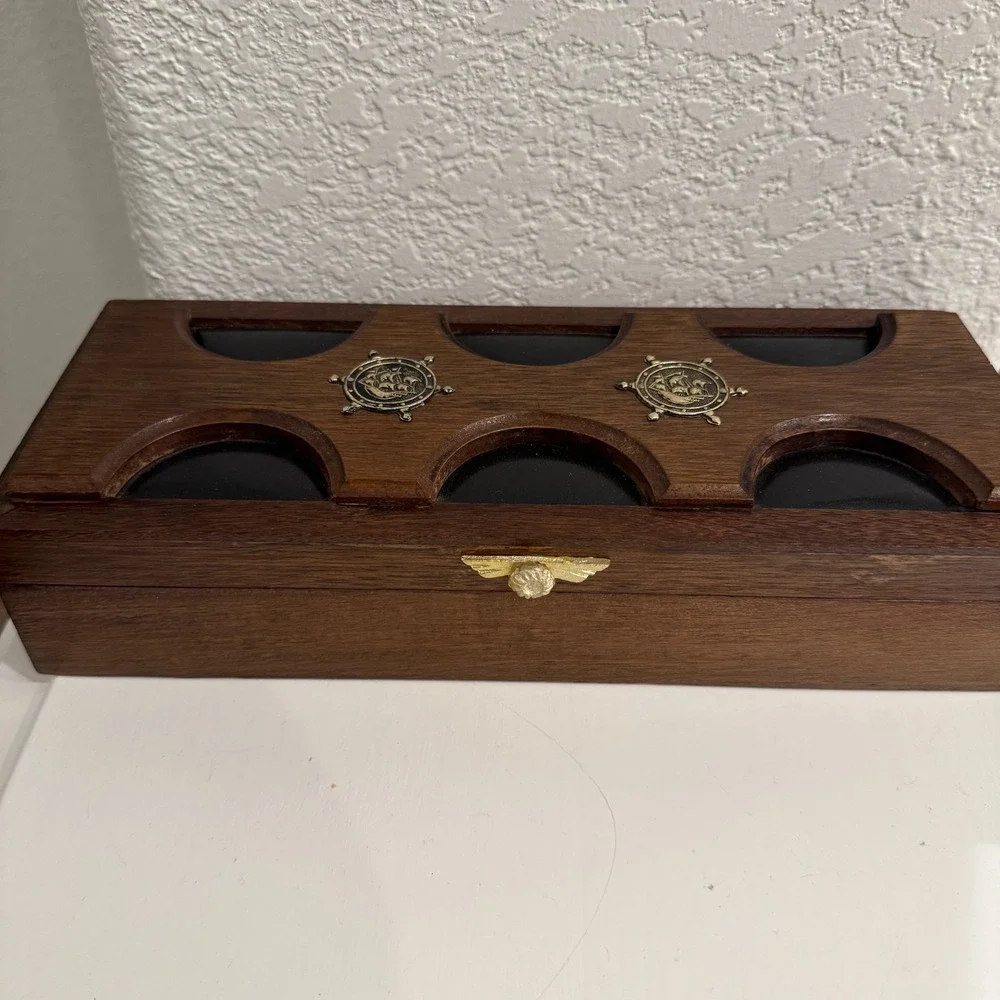 Vintage‎ Wood Brass  Leather Men's Jewelry Box 12